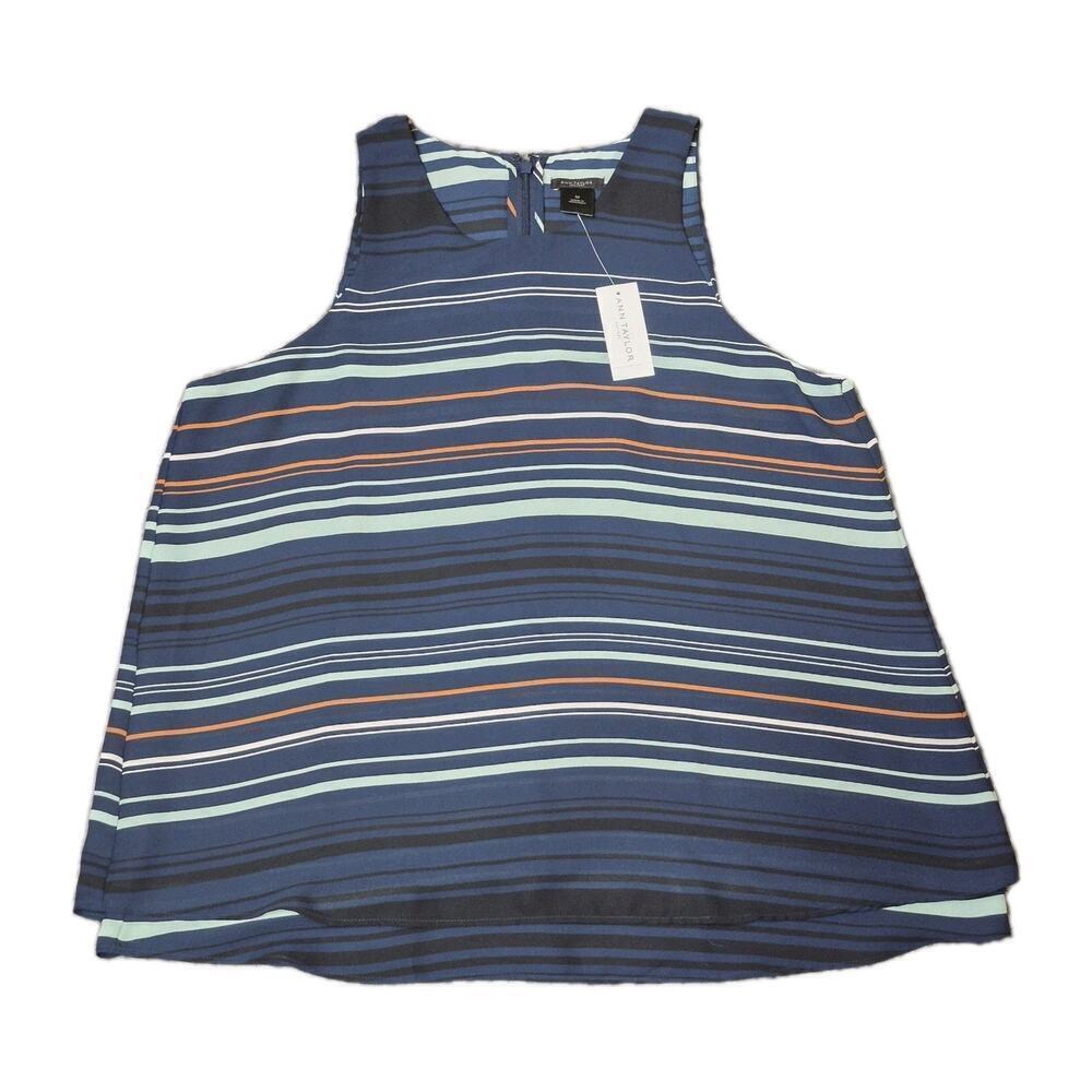 Ann Taylor Sleeveless Blouse Women Medium Tank Blue Striped Office Chic Business